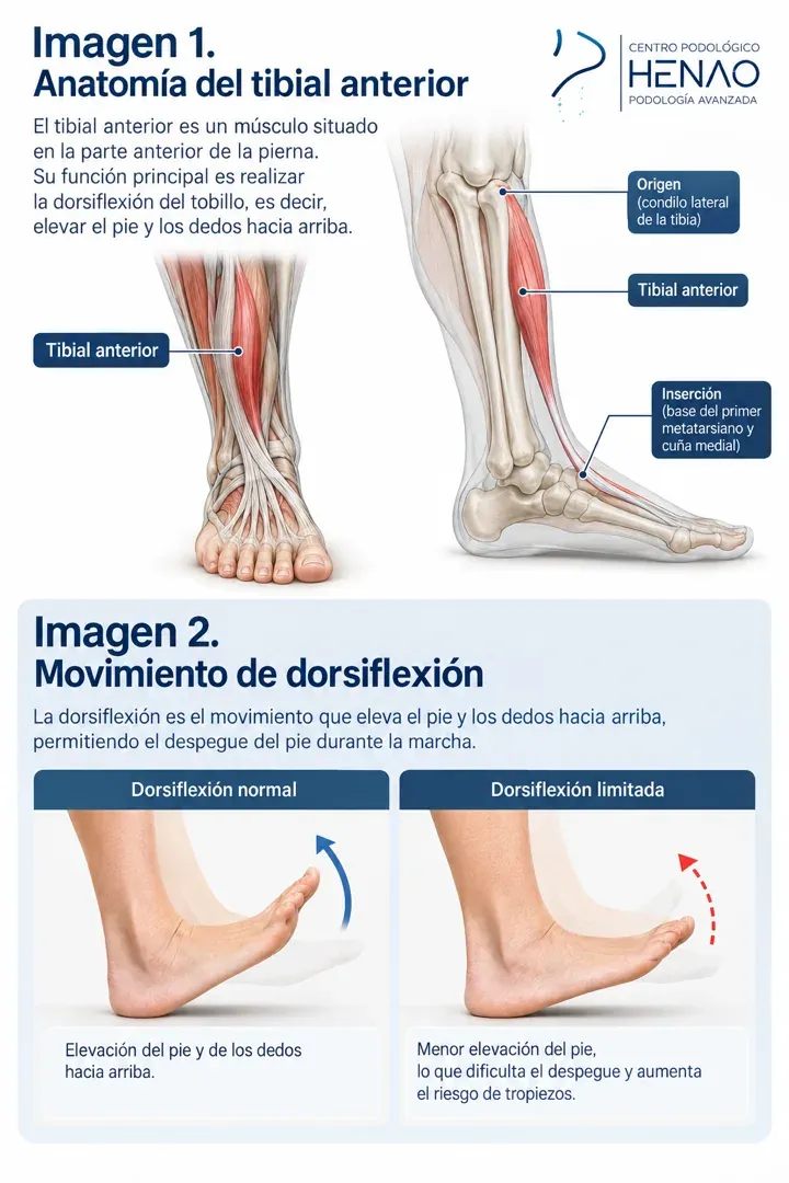 Infografía sobre la anatomía del tibial anterior y la dorsiflexión del tobillo normal frente a limitada