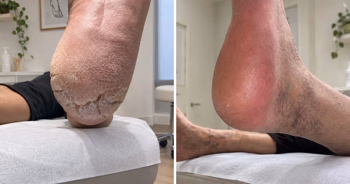 Comparativa antes y después de un talón con grietas profundas tratado en el Centro Podológico Henao