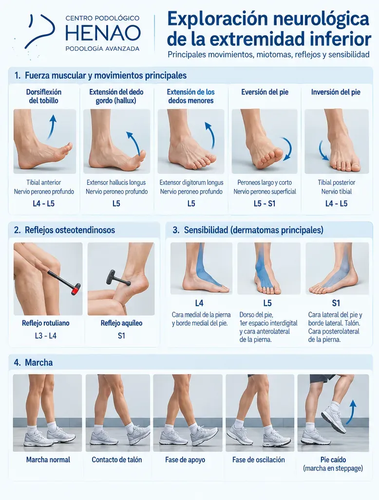 Infografía de la exploración neurológica de la extremidad inferior: fuerza, reflejos, dermatomas y marcha