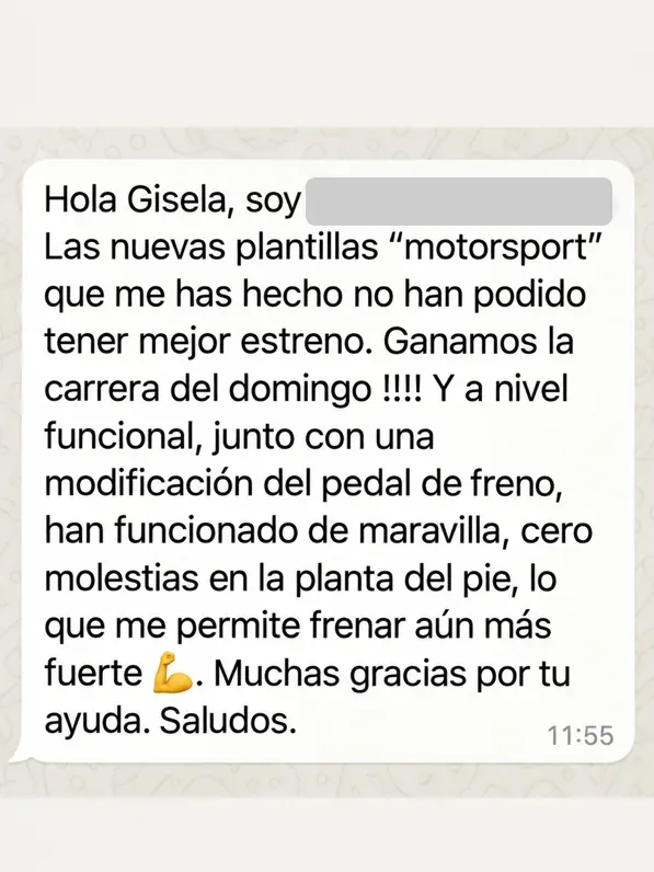 Mensaje de WhatsApp del paciente tras la carrera, con el nombre oculto