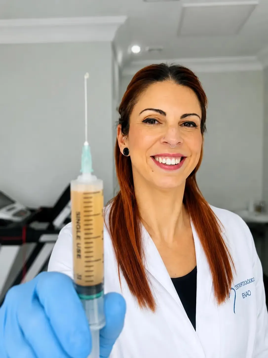 La Dra. Gisela Gómez López sosteniendo una jeringa de plasma rico en plaquetas (PRP), tratamiento de medicina regenerativa ecoguiada en Centro Podológico Henao Bilbao