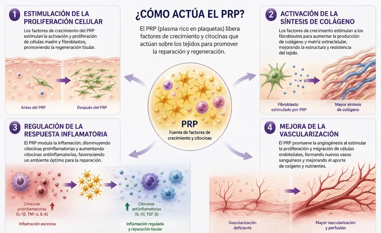 Infografía sobre cómo actúa el plasma rico en plaquetas: estimulación de la proliferación celular, activación de la síntesis de colágeno, regulación de la respuesta inflamatoria y mejora de la vascularización