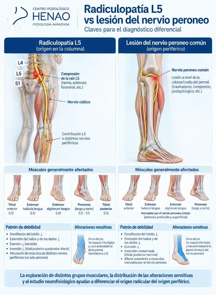 Infografía comparativa entre radiculopatía L5 y lesión del nervio peroneo